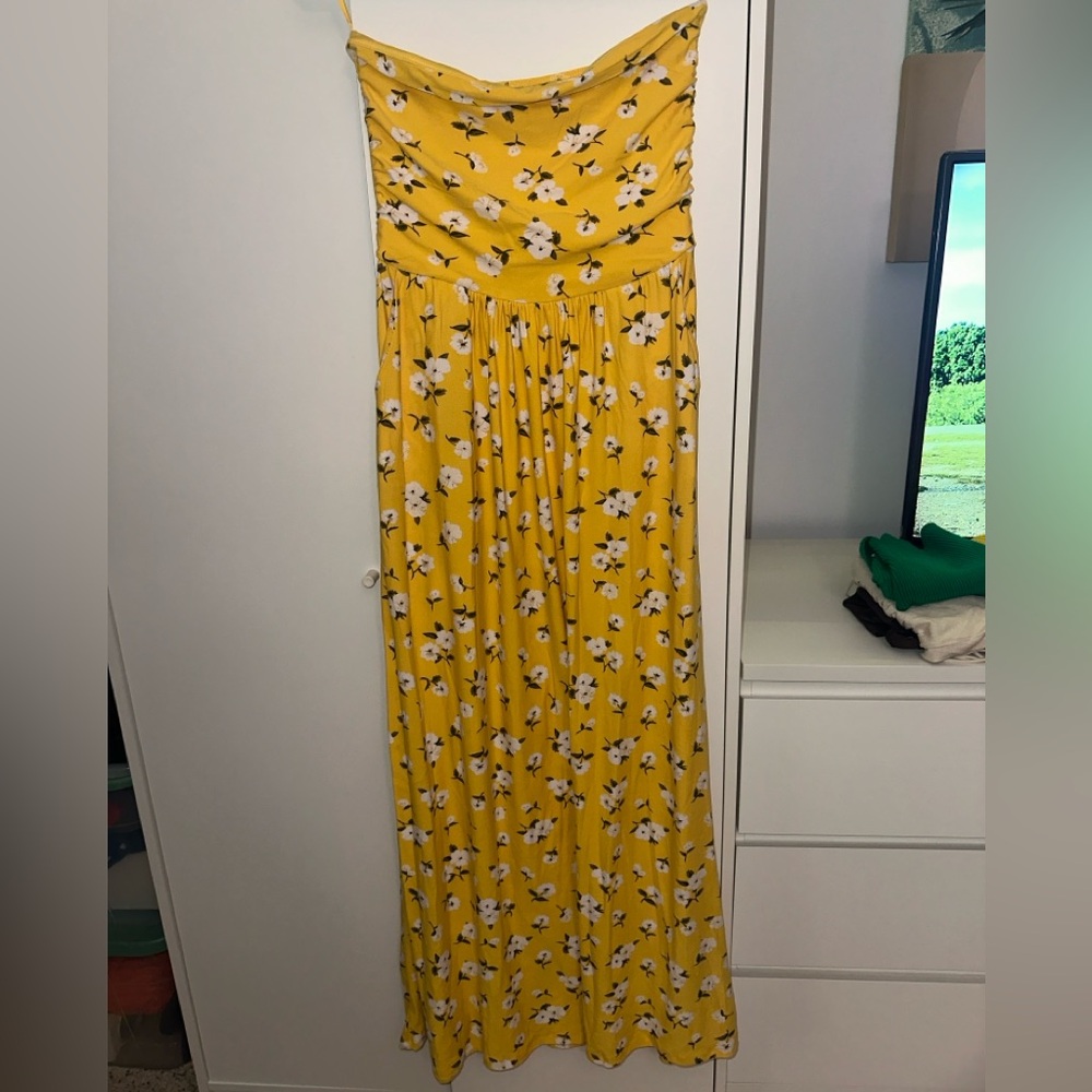 Yellow Floral Long Sleeveless Dress with Pockets